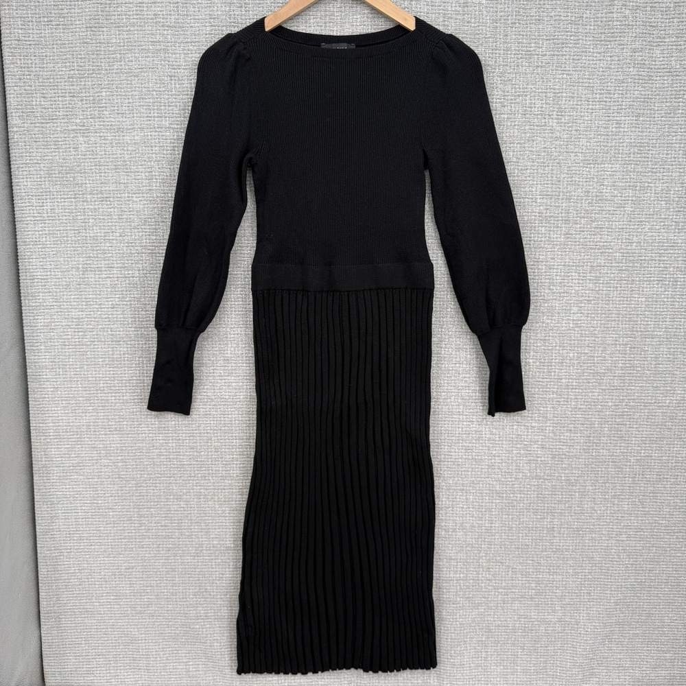 Ann Taylor Sweater Dress Womens Small Black Knit Puff Sleeve Pearl Cuff Midi